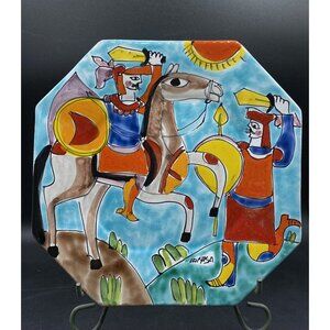 La Musa Colorful Italian Pottery Plate Signed Knight On Horseback Sword READ